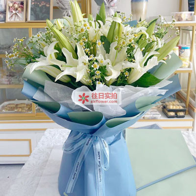 通辽8支白色多头百合洋甘菊，互倾的思念
